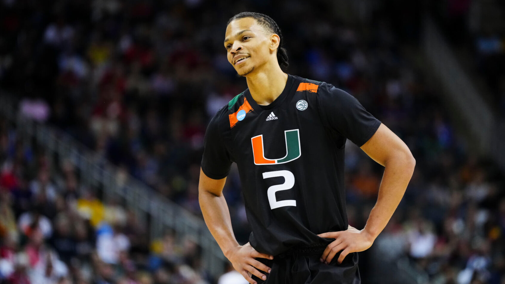 Miami Hurricanes guard Isaiah Wong smiling
