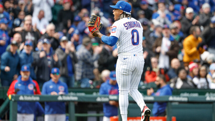 Chicago Cubs starting pitcher Marcus Stroman celebrating