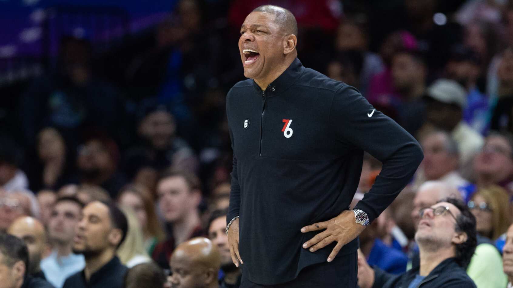 Philadelphia 76ers head coach Doc Rivers reacts during the fourth quarter against the Boston Celtics