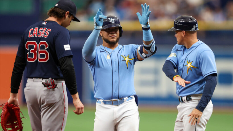 Harold Ramirez celebrates a hit versus the Red Sox