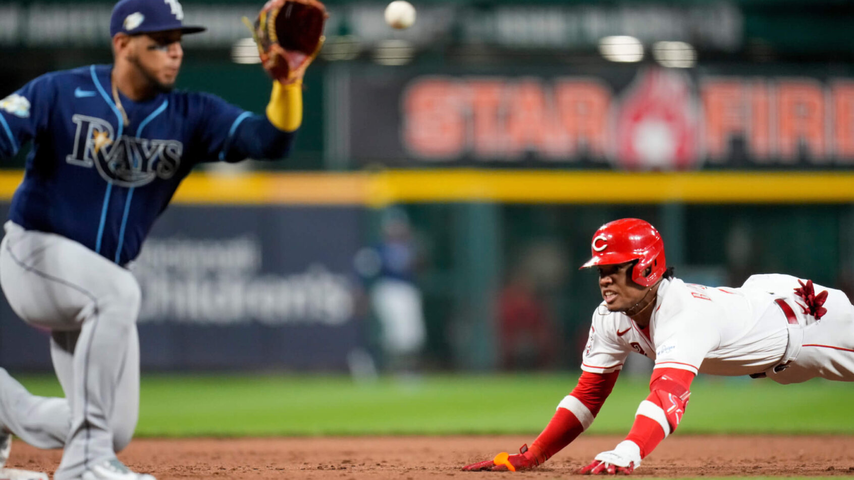 Jose Barrero slides into third base vs the Rays