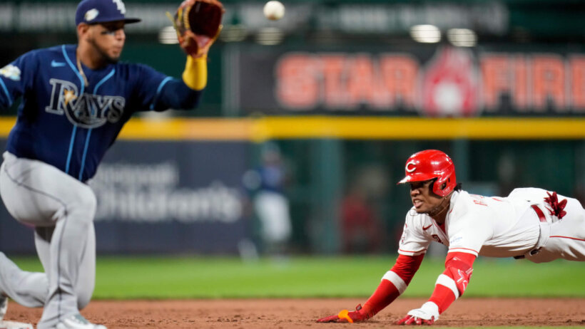 Jose Barrero slides into third base vs the Rays