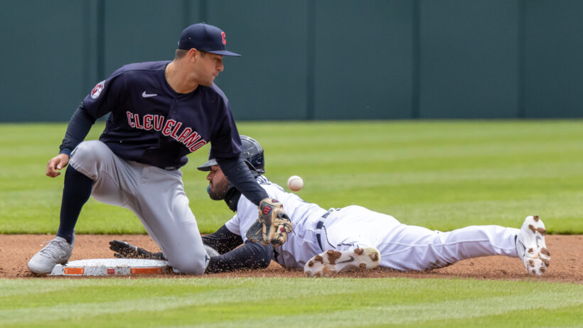 Riley Greene steals second versus the Guardians