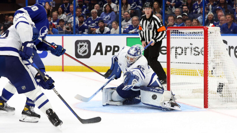 Toronto Maple Leafs goaltender Ilya Samsonov makes a save against Tampa Bay Lightning left wing Nicholas Paul