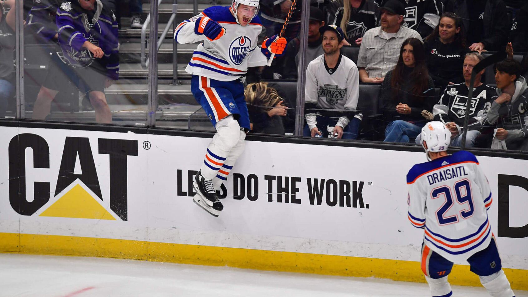 Edmonton Oilers left wing Zach Hyman celebrates his goal scored against the Los Angeles Kings