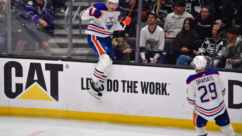 Edmonton Oilers left wing Zach Hyman celebrates his goal scored against the Los Angeles Kings