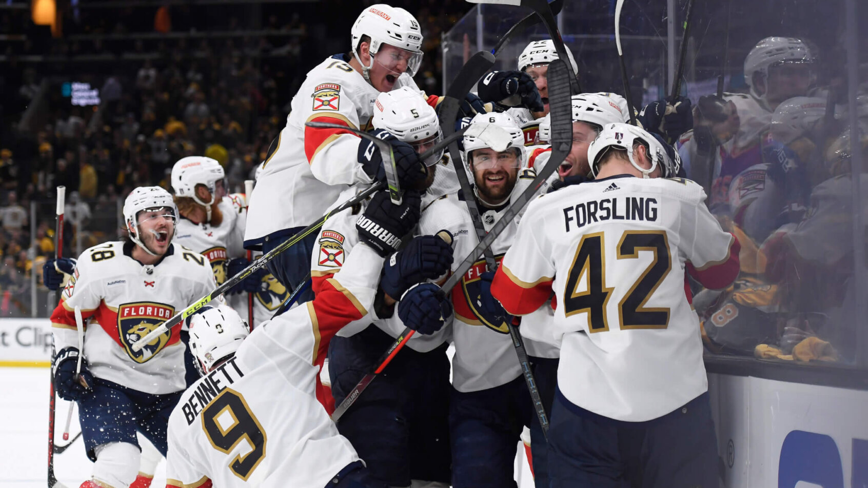 The Florida Panthers celebrate their overtime win