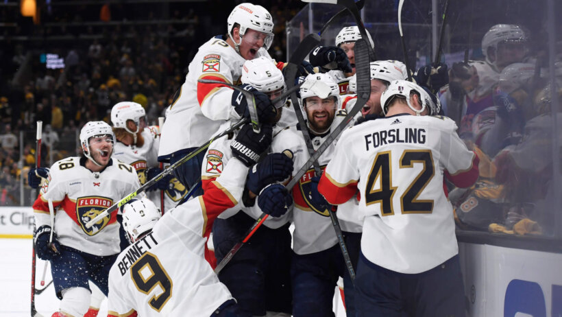 The Florida Panthers celebrate their overtime win