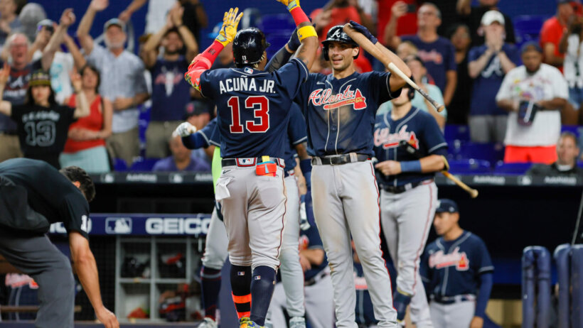 Ronald Acuna is congratulated after hitting a home run. Orioles vs Braves