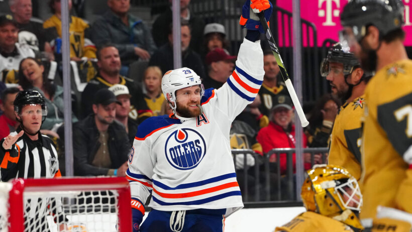 Edmonton Oilers center Leon Draisaitl celebrates after scoring a goal against the Vegas Golden Knights