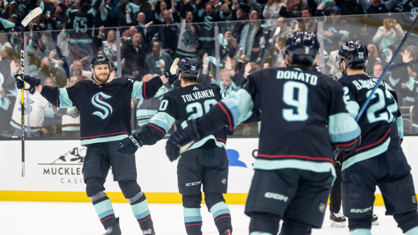 Seattle Kraken celebrate goal against Dallas Stars