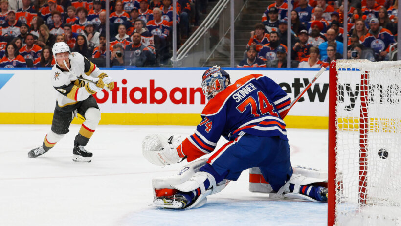 Vegas Golden Knights forward Jack Eichel scores a goal during the second period against Edmonton Oilers goaltender Stuart Skinner