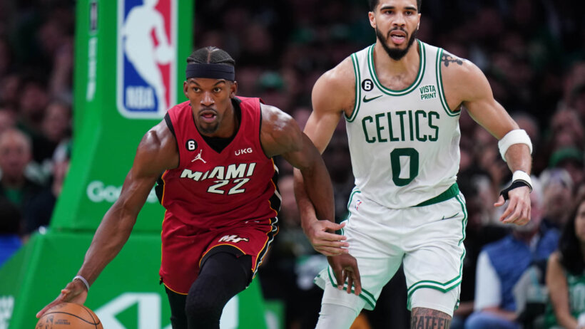 Jimmy Butler defended by Jayson Tatum