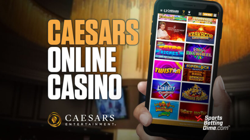 Caesars online casino hand holding mobile phone with games