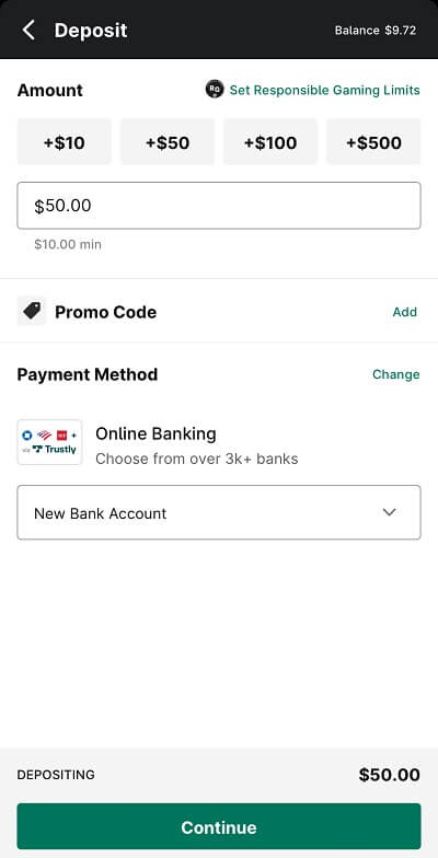 ESPN Bet banking screen