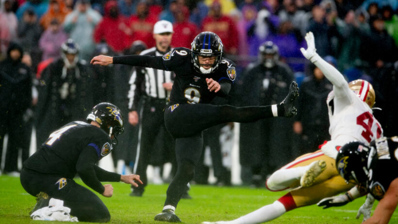 Baltimore Ravens kicker Justin Tucker kicks a field goal against the San Francisco 49ers