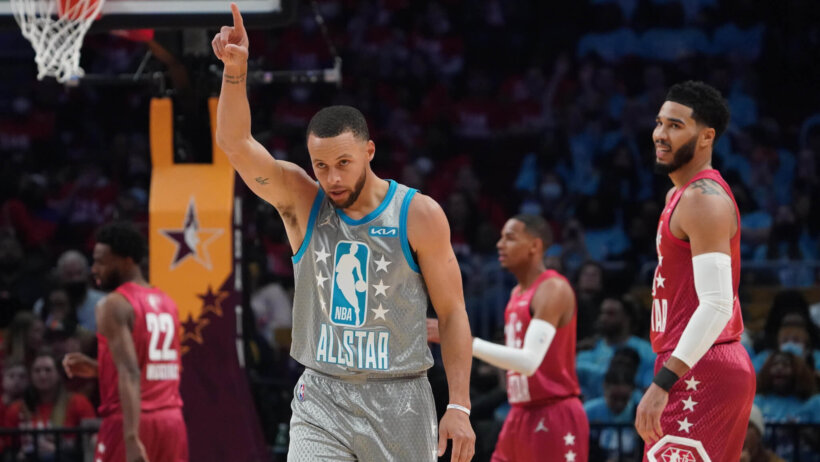 Stephen Curry celebrates hitting a three at the 2022 NBA All-Star Game
