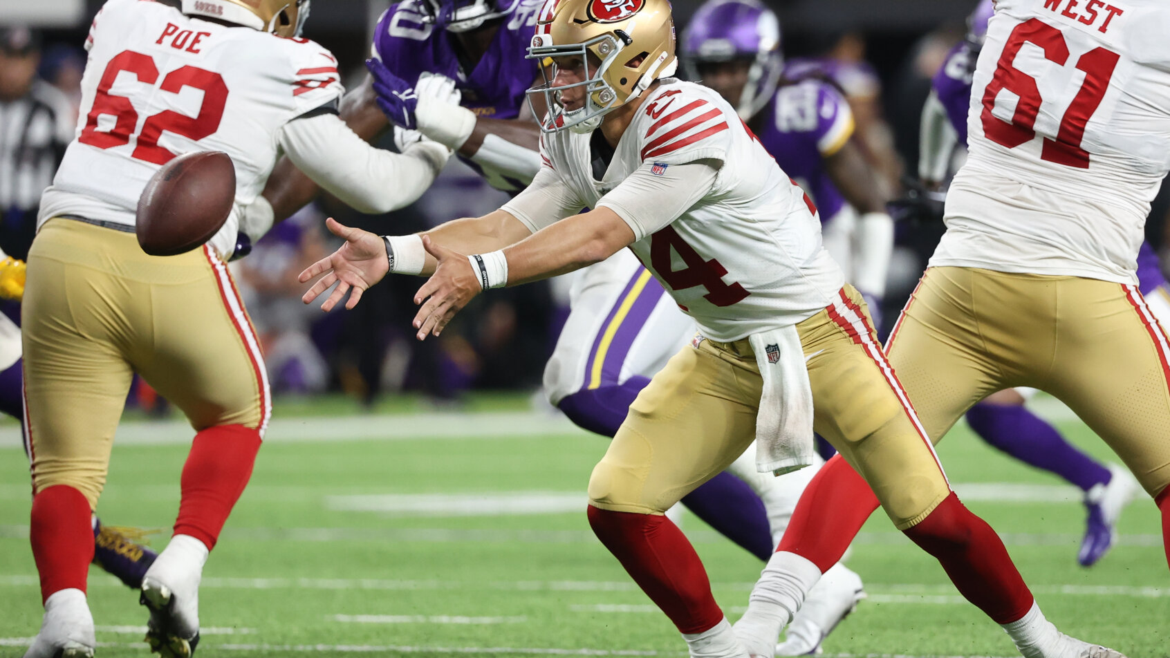 The 49ers are 6.5-point road favorites over the Vikings in the Week 7 MNF game.