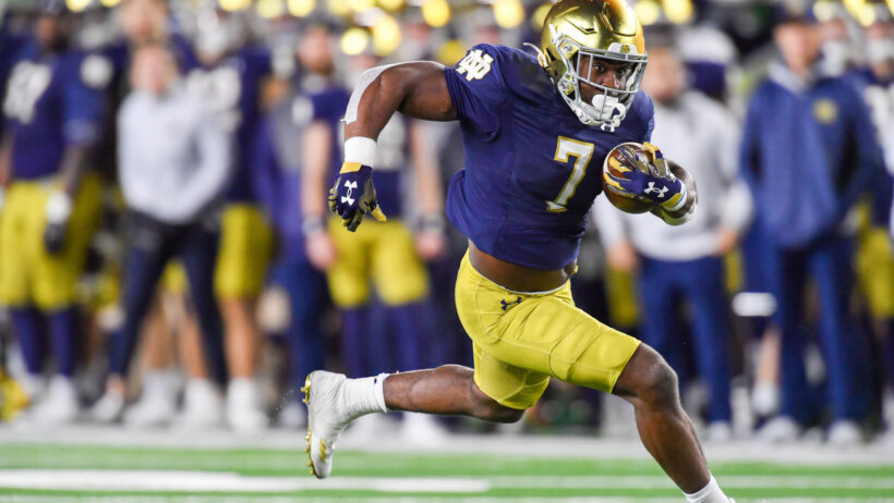 Notre Dame Fighting Irish running back Audric Estime runs the ball