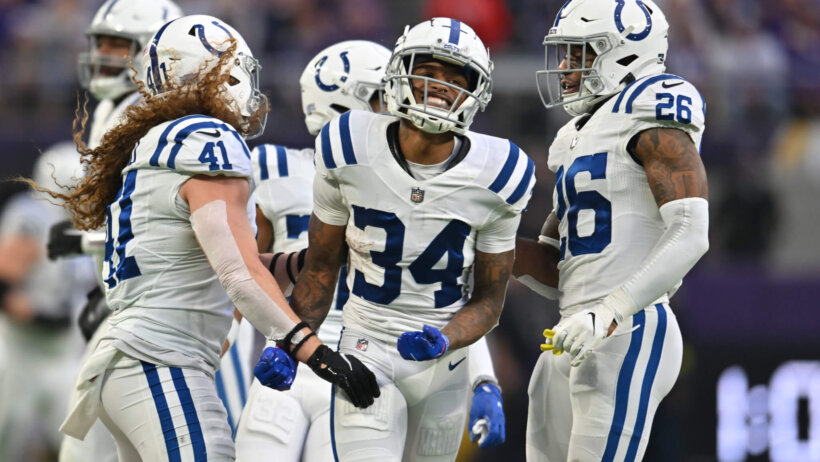 Indianapolis Colts cornerback Isaiah Rodgers (34) and safety Rodney McLeod (26) and linebacker Grant Stuard (41) react against the Minnesota Vikings
