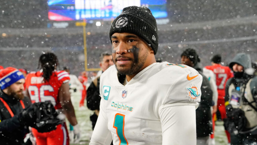 Miami Dolphins quarterback Tua Tagovailoa in the snow