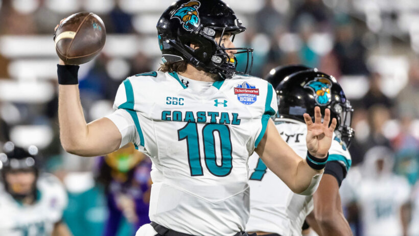 Coastal Carolina Chanticleers quarterback Grayson McCall throws against the East Carolina Pirates