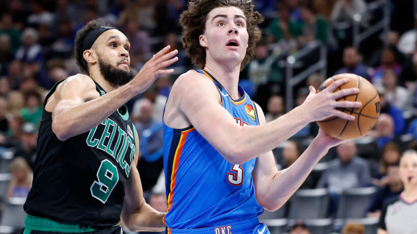 Oklahoma City Thunder guard Josh Giddey goes for a layup
