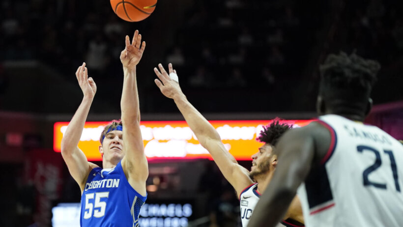 Creighton Bluejays guard Baylor Scheierman shoots a three against the UConn Huskies