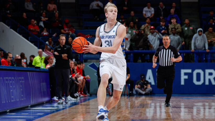 Air Force Falcons forward Rytis Petraitis dribbling up the court
