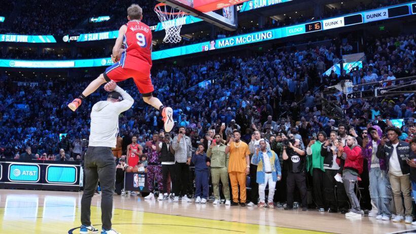 Mac McClung competing in the 2023 NBA Slam Dunk Contest