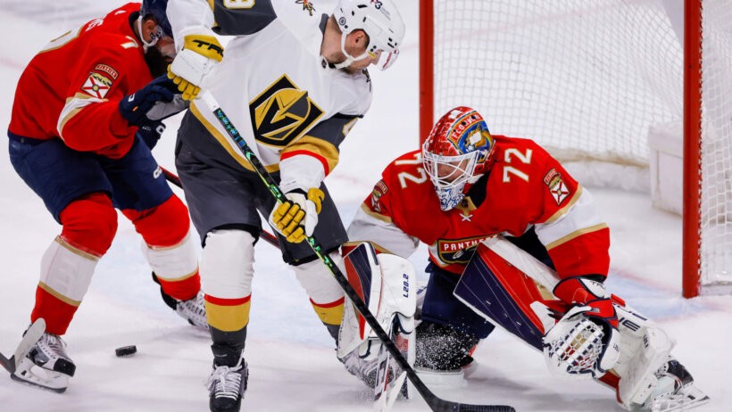 Florida Panthers goaltender Sergei Bobrovsky blocks shot from Vegas Golden Knights center Ivan Barbashev