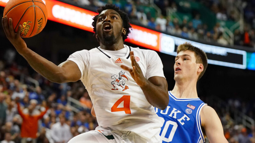 Miami Hurricanes guard Bensley Joseph goes for a layup against Duke Blue Devils center Kyle Filipowski