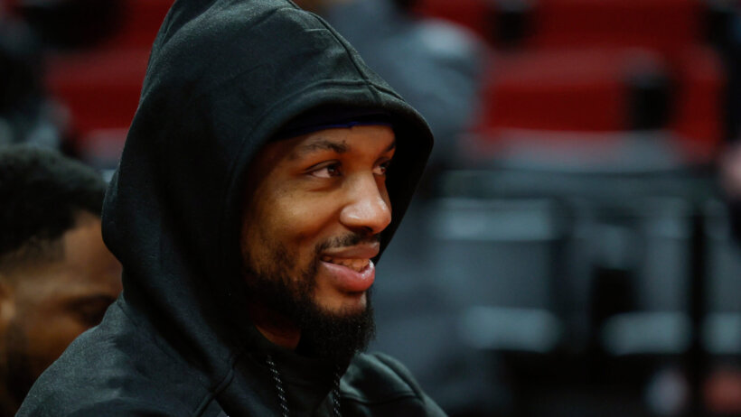 Portland Trail Blazers point guard Damian Lillard in a hoodie