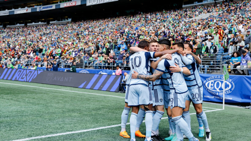 Sporting Kansas City players celebrate a goal