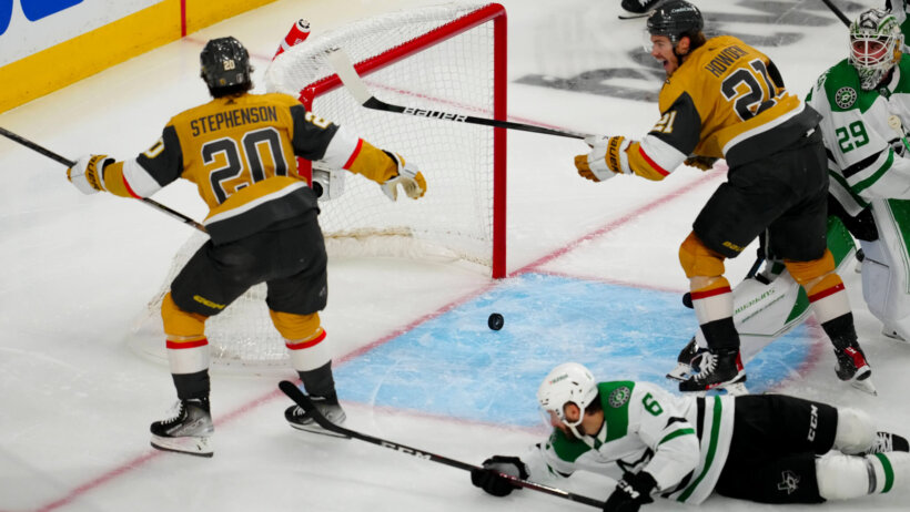 Vegas Golden Knights center Chandler Stephenson scores the game wining goal against the Dallas Stars
