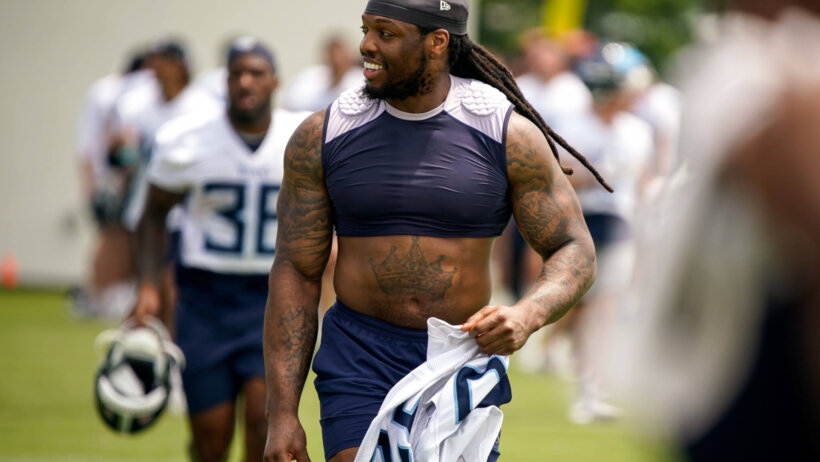 Tennessee Titans running back Derrick Henry (22) exits the field after an OTA practice