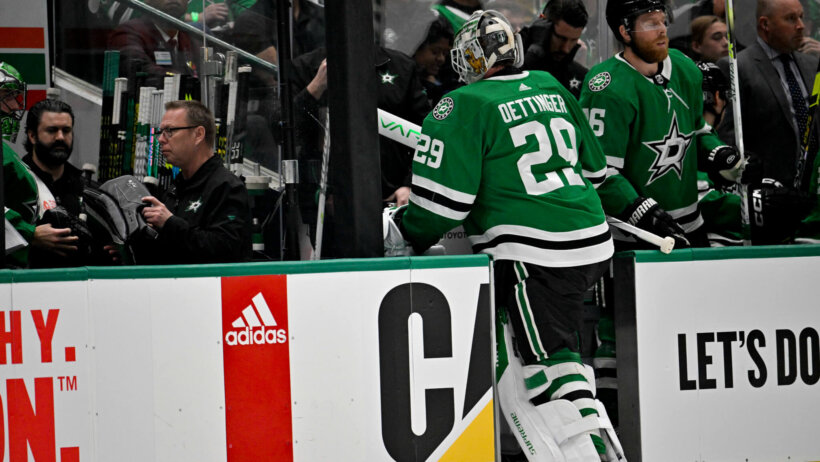 Dallas Stars goaltender Jake Oettinger leaves the ice after being pulled in the game against the Vegas Golden Knights