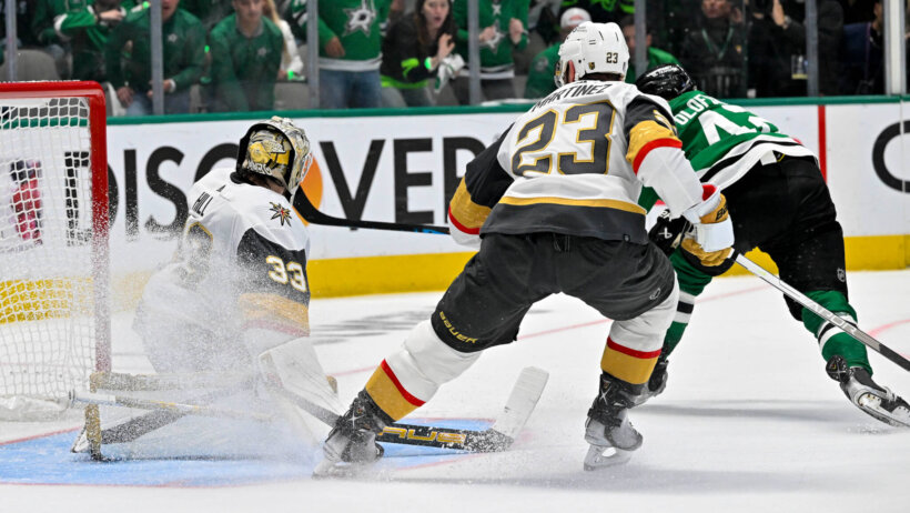 Vegas Golden Knights goaltender Adin Hill makes a pad save on shot by Dallas Stars Fredrik Olofsson