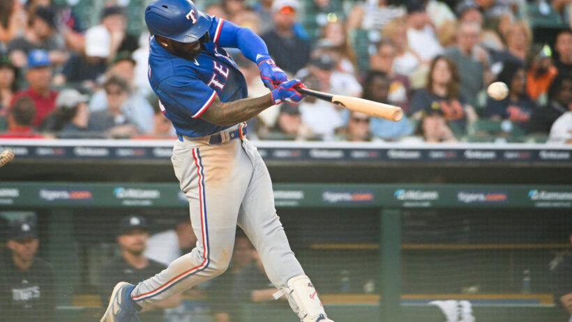 Adolis Garcia smacks a hit versus the Tigers