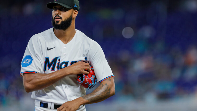 Miami Marlins starting pitcher Sandy Alcantara walking off the mound