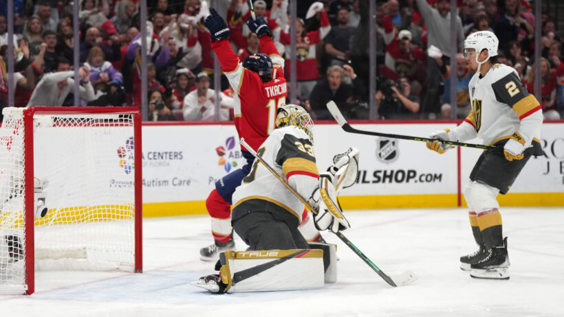 Florida Panthers left wing Matthew Tkachuk celebrates in front of Vegas Golden Knights goaltender Adin Hill