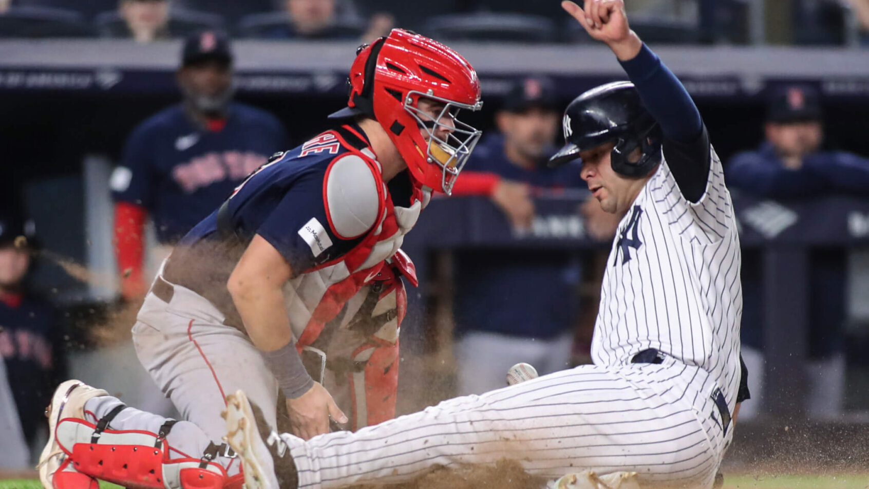 Isiah Kiner-Falefa slides home safely. Red Sox vs Yankees