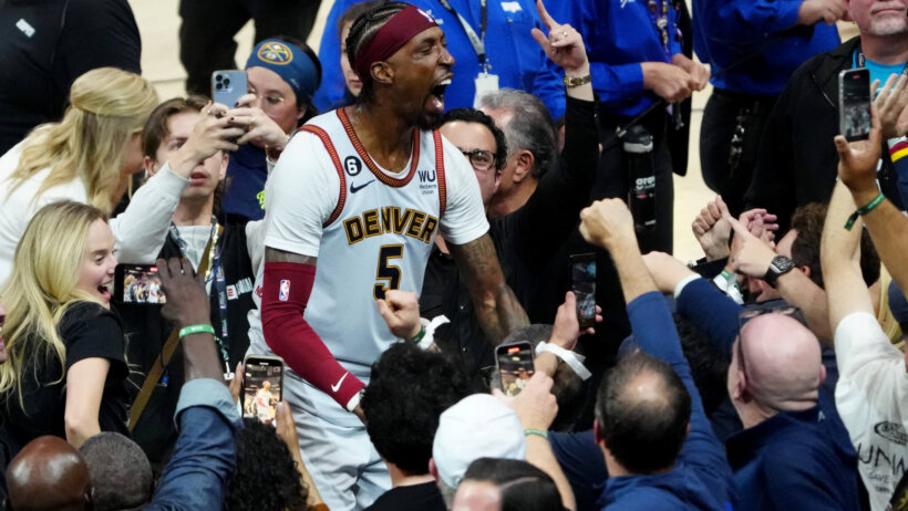 Denver Nuggets guard Kentavious Caldwell-Pope celebrating 2023 NBA title
