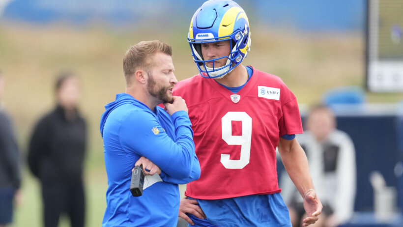 Los Angeles Rams quarterback Matthew Stafford talks to coach Sean McVay
