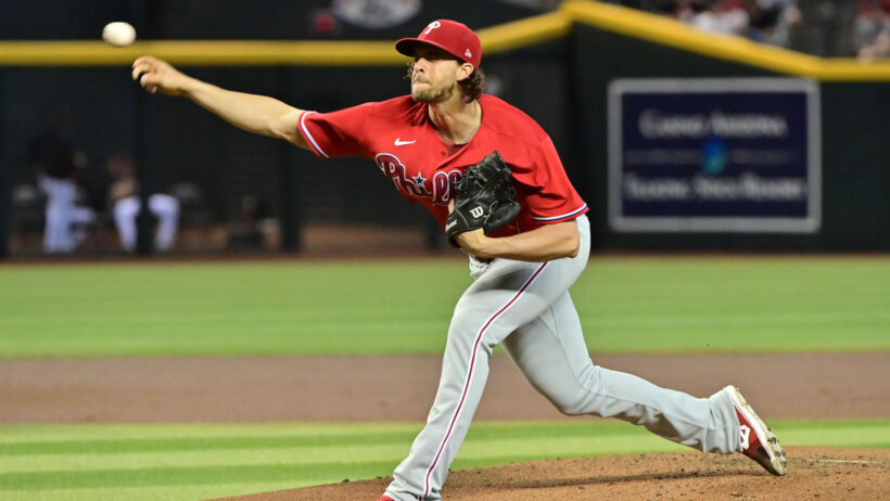Philadelphia Phillies starting pitcher Aaron Nola on the mound