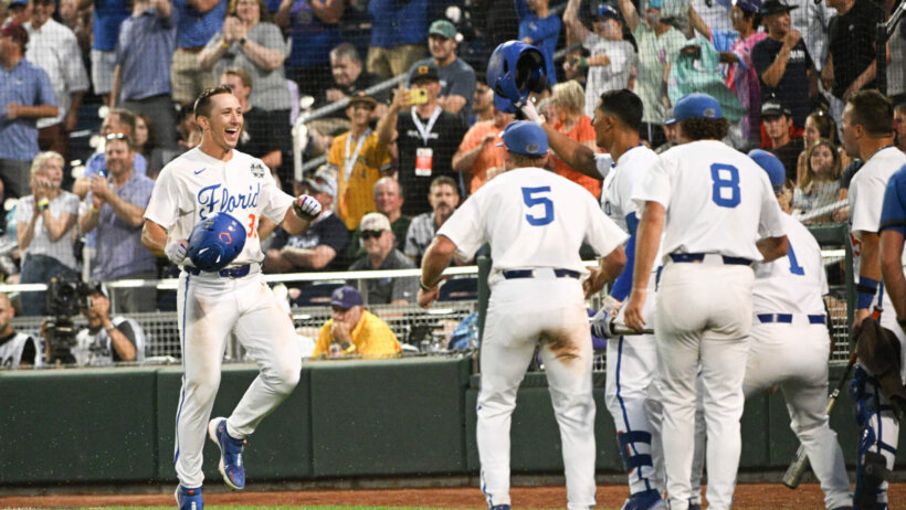 Florida Gators celebrate their walk-off win.