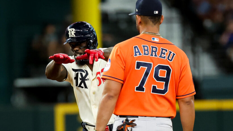 Adolis Garcia celebrates a hit versus Houston.