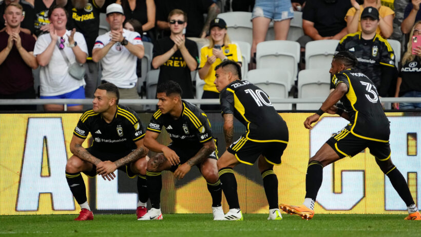 Columbus Crew forward Christian Ramirez (17), forward Cucho Hernandez (9), midfielder Lucas Zelarayan (10) and defender Steven Moreira (31) celebrate a goal