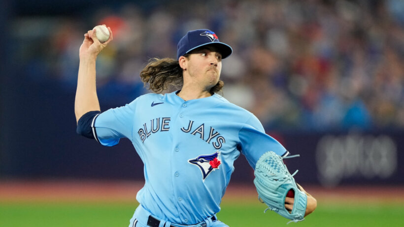 Toronto Blue Jays starting pitcher Kevin Gausman mid-pitch