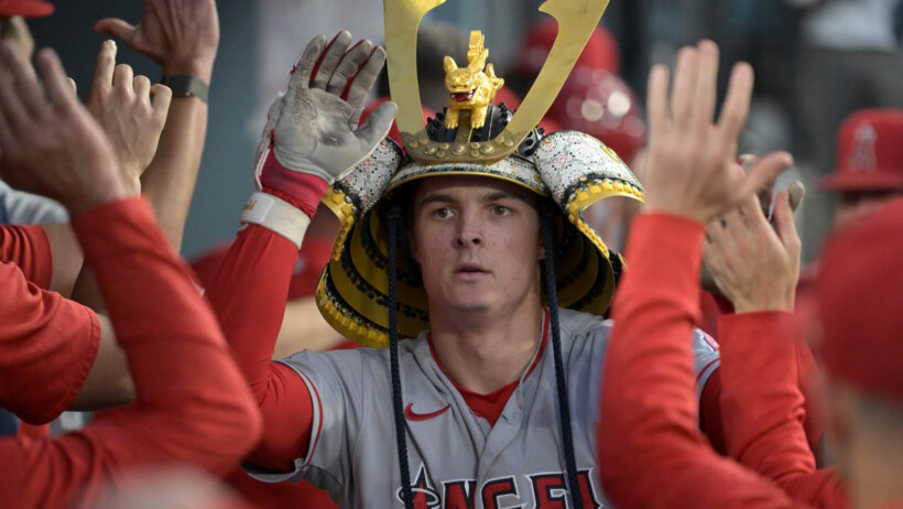 Los Angeles Angels left fielder Mickey Moniak in the dugout